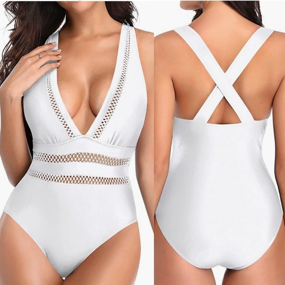 Tempt Me Other - Tempt Me White Plunge V neck Back Cross Bathingsuit Swimwear Size XL